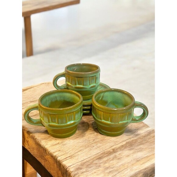 Frankoma Pottery Prairie Green Wagon Wheel Tea Cup Saucer Set of 3 94C 94E READ - Picture 1 of 9